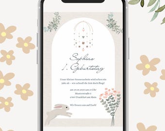 Digitale WhatsApp-uitnodiging meisje roze boho digitale uitnodigingssjabloon om af te drukken uitnodiging kinderverjaardag 1e verjaardag
