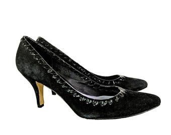 Delman Black Suede Leather Pump Vintage Heels Women Size 8 Patent Laces Detail