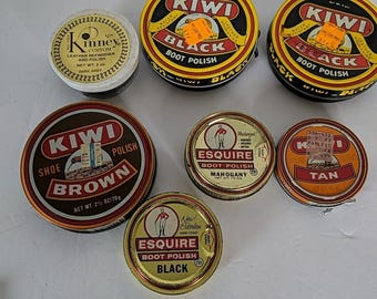 Kinney Shoes, Kiwi, Esquire Boot & Shoe Polish Vintage Tins Black, Brown, Grey