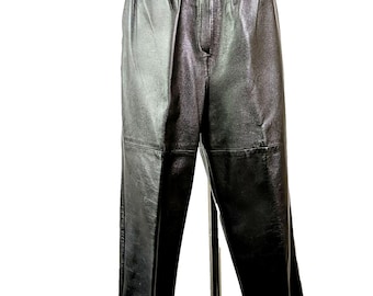 Prestige Club Black Leather Pant Vintage Women Size 12 Large Pleat Front Slacks