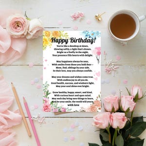 Carte de poème d'anniversaire pour fille - carte de voeux numérique imprimable - vers floral sincère - téléchargement immédiat