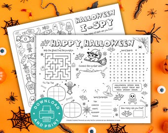 Manteles individuales de Halloween, manteles individuales para colorear, actividad imprimible de Halloween, actividad de Halloween para el aula, manualidad de otoño para el aula.