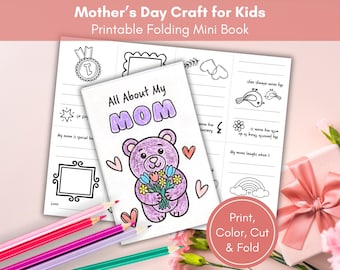 Minilibro imprimible "Todo sobre mamá", regalo del Día de la Madre de parte de los niños, cuestionario "Todo sobre mamá", manualidad del Día de la Madre, página para colorear del Día de la Madre.