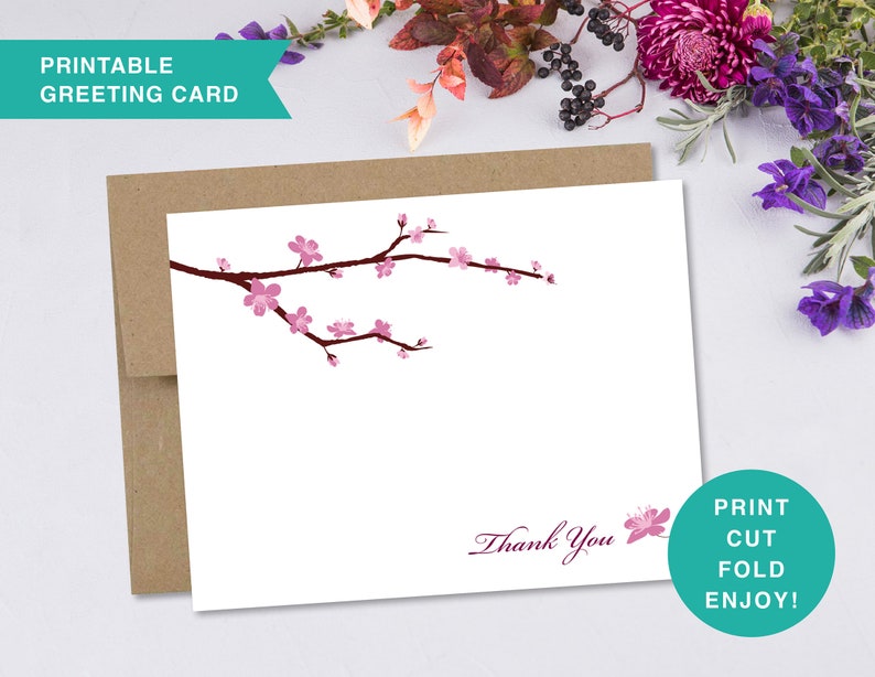 Printable Thank You Card, Cherry Blossom Card, Wedding Thank You Card, 2 Sizes, 5x7 Greeting Card, A2, Print at Home, Digital Download T001 image 3