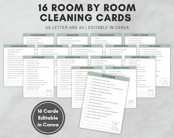 Editable ADHD Cleaning Cards, 16 Room by Room Cleaning, Printable Cleaning Cards, Zone Cleaning, Kids Cleaning List, Family Cleaning Chores