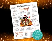 Who is Most Like a Turkey Thanksgiving Game, Printable Thanksgiving Game, Family Table Game, Funny Thanksgiving Game,Thanksgiving Group Game
