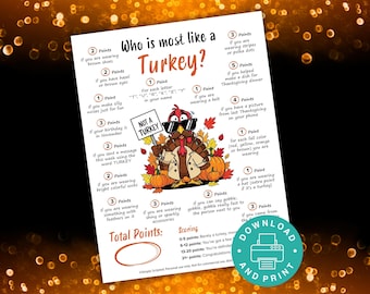 ¿Quién se parece más a un pavo? Juego de Acción de Gracias, Juego imprimible de Acción de Gracias, Juego de mesa familiar, Juego divertido de Acción de Gracias, Juego de grupo de Acción de Gracias