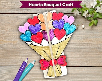 Biglietto da colorare con bouquet di cuori, lavoretto stampabile per la festa della mamma, attività fai da te con i fiori per bambini, attività in classe per la festa della mamma