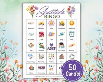 Gratitude Bingo Game, Printable 50 Unique Bingo Cards, Gratitude Activity, Mindfulness Bingo, Counseling Activity