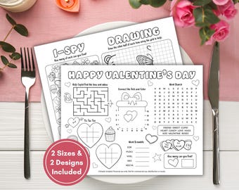 Valentine Activity Placemat, Printable Valentine's Day Coloring Placemat, Valentine Classroom Activity, Valentines Day Placemat for Kids