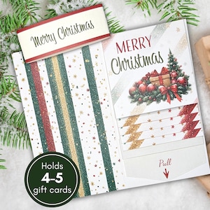 May include: A rectangular Christmas gift card holder featuring a vertical striped pattern in red, gold, and green glitter. The interior displays a festive illustration of a decorated tree with red ornaments and the text Merry Christmas and Pull.
