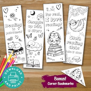 Coloring Bookmarks for Kids, Reading Printable Coloring Bookmarks, Bookmark Coloring Pages, Animals Printable Bookmark, Library Lovers Month