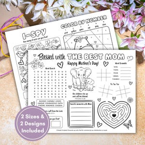 May include: Two activity sheets for Mother's Day, featuring an I-Spy game and a color-by-number activity. The second sheet includes a word search, tic-tac-toe, and a maze. The text reads "Blessed with the Best Mom" and "Happy Mother's Day!"