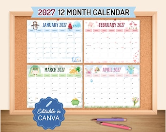 Editable 2027 Calendar for Kids, Fridge Calendar, 12 Month Classroom Calendar, Homeschool Planner, Printable Monthly Calendar