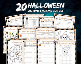 May include: A collection of 20 Halloween activity and game sheets featuring word scrambles, word searches, mazes, and grid drawings. Each page has a black and orange border with various Halloween-themed illustrations like ghosts, bats, and pumpkins.