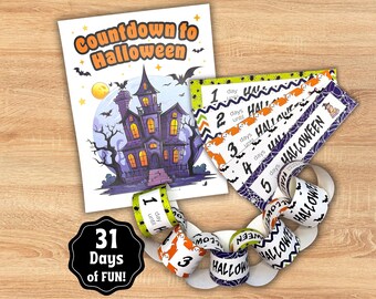 Halloween Countdown Chain, Printable Halloween Classroom Printable, Paper Chain Craft, 31 Days Until Halloween Activity
