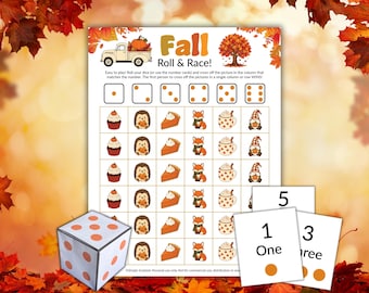 Fall Roll and Race Dice Game, Printable Kids Thanksgiving Classroom Game, Office Party Game, Autumn Family Activity