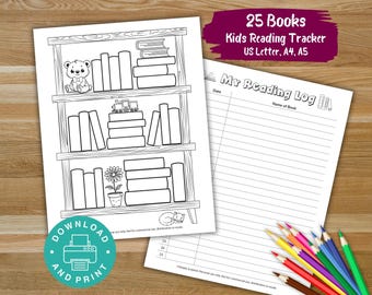 25 Books Reading Challenge, Coloring Bookshelf Tracker, Printable Kids Reading Tracker, Bookshelf Reading Log, Book Club Reading Tracker