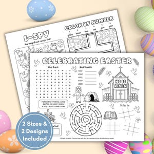May include: Two black and white Easter activity sheets with the text "I-SPY" and "Celebrating Easter". The sheets include a word search, color by number, and other games. The image also includes several colorful Easter eggs.