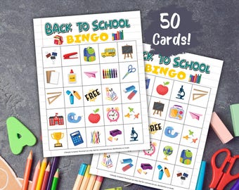 Back to School Bingo, Printable 50 Back to School Bingo Cards, First Day of School Icebreaker Kids Activity, Back to School Party Game
