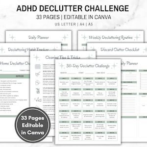Editable ADHD Declutter Planner, Home Organization Checklist, ADHD Cleaning Planner, Room by Room Cleaning, 30 Day Challenge, Chore Chart