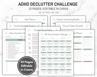 Editable ADHD Declutter Planner, Home Organization Checklist, ADHD Cleaning Planner, Room by Room Cleaning, 30 Day Challenge, Chore Chart
