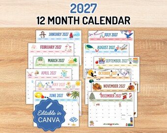 May include: A 2027 12-month calendar set featuring monthly pages with seasonal illustrations for each month, including January through December. The pages display grid layouts for dates and days of the week, with a blue badge stating Editable in CANVA.
