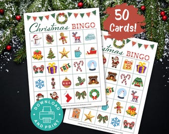 Bingo navideño, 50 cartones de bingo imprimibles, actividad para fiestas infantiles, actividad navideña para el aula, juego para fiestas navideñas, bingo navideño