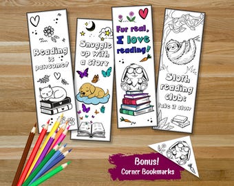 Animal Coloring Bookmarks for Kids, Printable Reading Activity, Library Lovers Month, Printable Bookmarks, Coloring Activity, Book Club