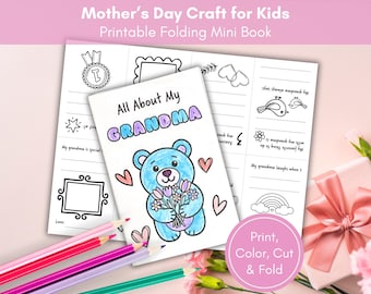 Minilibro imprimible "Todo sobre la abuela", regalo del Día de la Madre de parte de los niños, cuestionario "Todo sobre la abuela", manualidad para colorear del Día de la Madre.