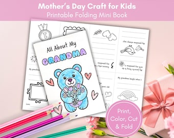 Minilibro imprimible "Todo sobre la abuela", regalo del Día de la Madre de parte de los niños, cuestionario "Todo sobre la abuela", manualidad para colorear del Día de la Madre.