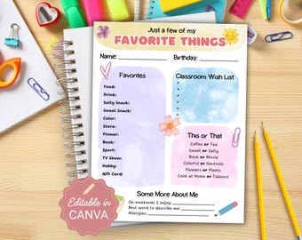 Teacher Favorite Things List, Editable Teacher Favorites, Teacher Questionnaire, My Favorite Things, First Day of School, Teacher Wish List