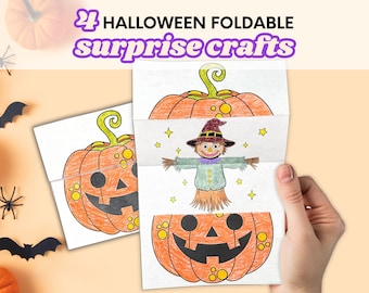 May include: Two white paper sheets featuring hand-colored Halloween illustrations. One sheet is folded to reveal a scarecrow wearing a purple hat between two orange jack-o'-lanterns. The text 4 HALLOWEEN FOLDABLE surprise crafts is visible.