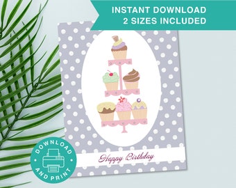 Printable Birthday Card, Cupcakes Birthday, Polka Dots, Kids Birthday, 2 Sizes, 5x7 Greeting Card, A2, Print at Home, Digital Download B002