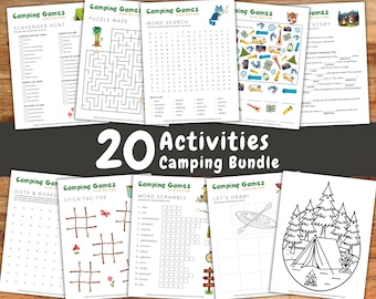 Paquete de actividades para acampar, paquete de juegos imprimibles para acampar, juegos para campamentos de verano, juego para viajes por carretera para niños, rompecabezas y laberintos para niños, páginas para colorear de campamento