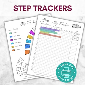 May include: Two white step tracker printables with the text "Step Trackers" in purple. One tracker is for January, the other for March. The January tracker has colored step goals. The March tracker has a grid for tracking steps. A green circle with the words "Download and Print" is in the bottom right.