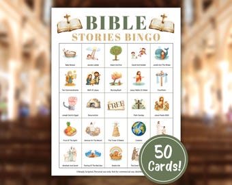 Bibelgeschichten-Bingo, 50 einzigartige Bingokarten zum Ausdrucken, Kennenlernspiel für die Gemeinde, Aktivität für den Sonntagsschulunterricht, Bibelspiele, Bibelbingo