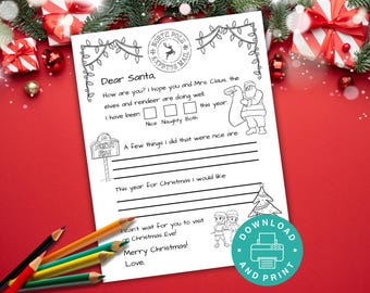 Letter to Santa Coloring Page, Printable Christmas Wish List, Dear Santa Letter for Kids Christmas Activity, Christmas Coloring Activity