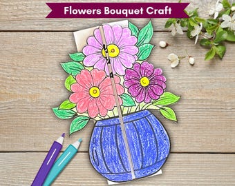 Flower Bouquet Coloring Card, Printable Mother's Day Craft, DIY Kids Flower Craft Activity, Mothers Day Classroom Activity