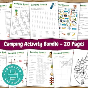 May include: A collection of printable camping-themed activity pages. The bundle includes a scavenger hunt, puzzle maze, word search, story prompts, dots & boxes, and more. The text "Camping Activity Bundle - 20 Pages" is visible.