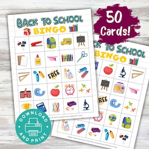 Back to School Bingo, Printable 50 Back to School Bingo Cards, First Day of School Icebreaker Kids Activity, Back to School Party Game
