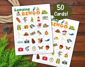 Camping Bingo, Printable 50 Camping Bingo Cards, Summer Camp Icebreaker Kids Activity, Camping Party Game, Kids Slumber Party Game