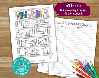 50 Books Reading Challenge, Coloring Bookshelf Tracker, Printable Kids Reading Tracker, Bookshelf Reading Log, Book Club Reading Tracker