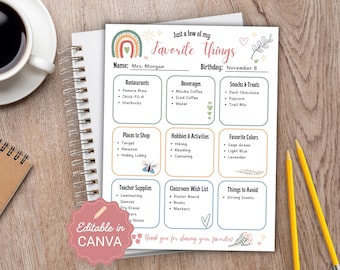 Editable Teacher Favorite Things List, Teacher Favorites, Teacher Questionnaire, My Favorite Things, First Day of School, Teacher Wish List