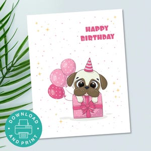 Cartão de aniversário para imprimir, aniversário de cachorrinho, aniversário rosa, feliz aniversário, aniversário infantil, cartão de aniversário divertido, cartão para meninas, cachorro de aniversário B008