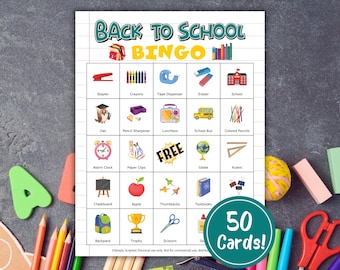 Back to School Bingo, Printable 50 Back to School Bingo Cards, First Day of School Icebreaker Kids Activity, Back to School Party Game