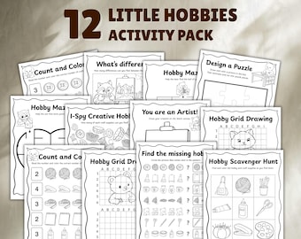 May include: A 12 Little Hobbies Activity Pack featuring multiple black and white printable worksheets with various games, including counting, mazes, grid drawing, scavenger hunts, and puzzles, all decorated with illustrations of animals and craft supplies.