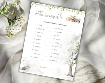 Woodland Baby Word Scramble Game, Baby Shower Word Scramble Game, Printable Baby Shower Icebreaker Activity, Baby Shower Activity