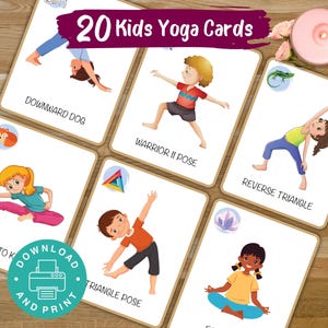 May include: A set of 20 Kids Yoga Cards featuring illustrations of children performing yoga poses. Each card displays a pose name, such as "Downward Dog" and "Warrior II Pose". The cards are on a wooden surface, with a candle and flowers in the background. The cards are available to download and print.