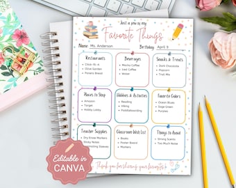 Editable Teacher Favorite Things List, Teacher Favorites, Teacher Questionnaire, My Favorite Things, First Day of School, Teacher Wish List